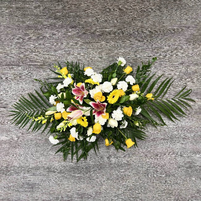 funeral palm plant Palm Leaves, Ruscus, Roses, Carnations, Gerbera Daisy And Lilies